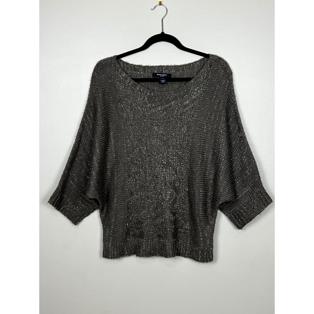 Nine West Jeans Women Brown Metallic Cable Knit Batwing Sweater Large Sparkly L